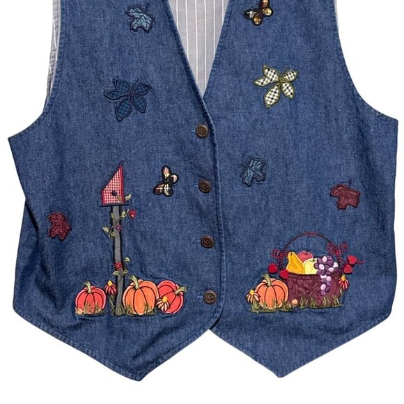 Karen Scott Women's Autumn Fall Vest Denim Harvest Pumpkins Flowers Size Large - Picture 3 of 11